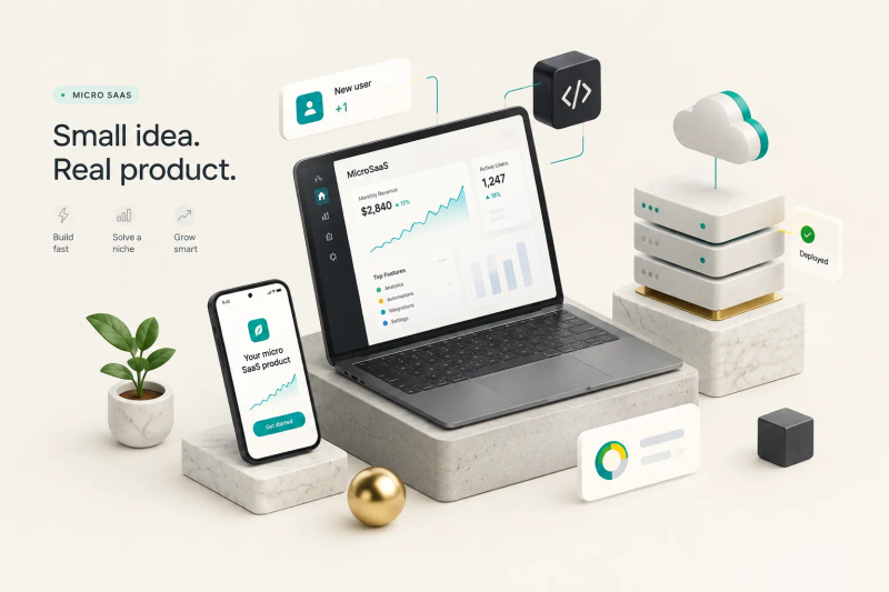 Dashboard mockup of a micro SaaS product showing analytics and subscription metrics