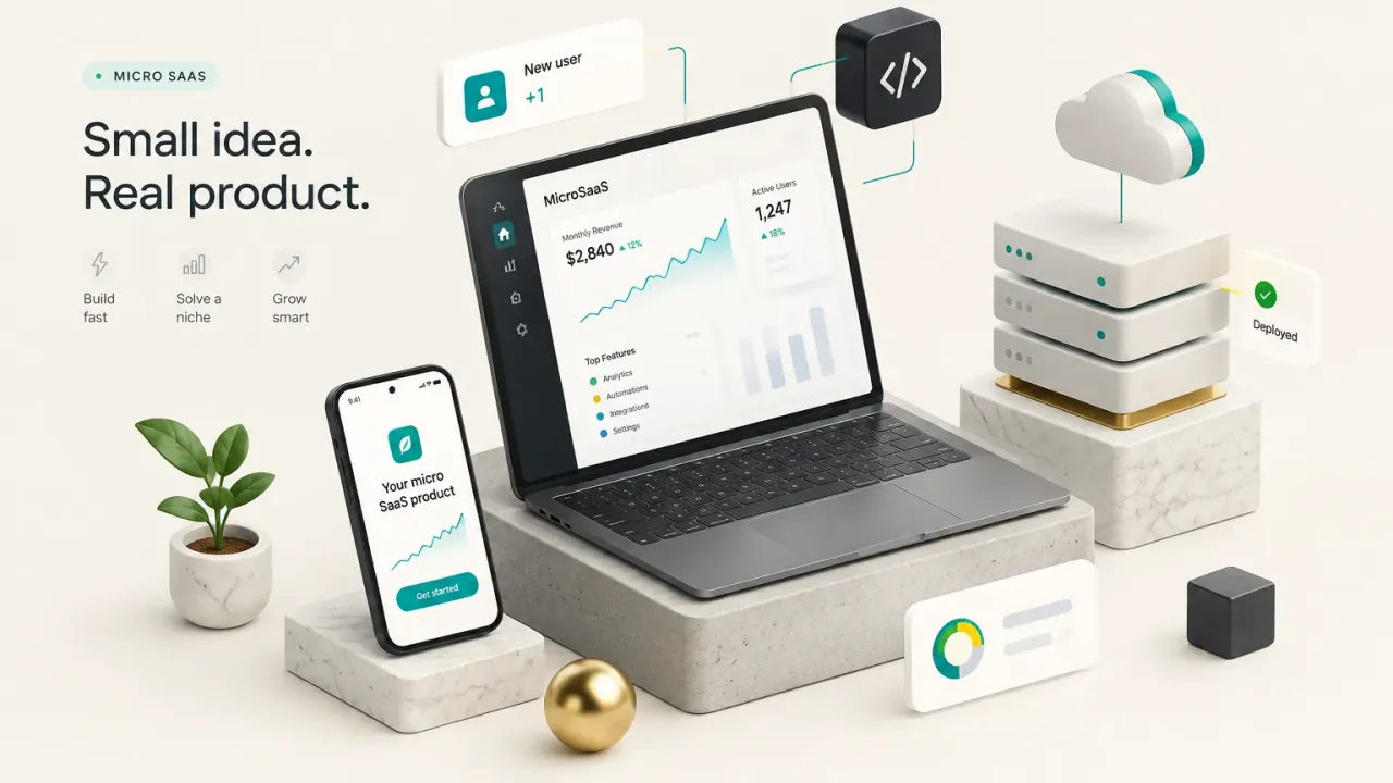 Dashboard mockup of a micro SaaS product showing analytics and subscription metrics