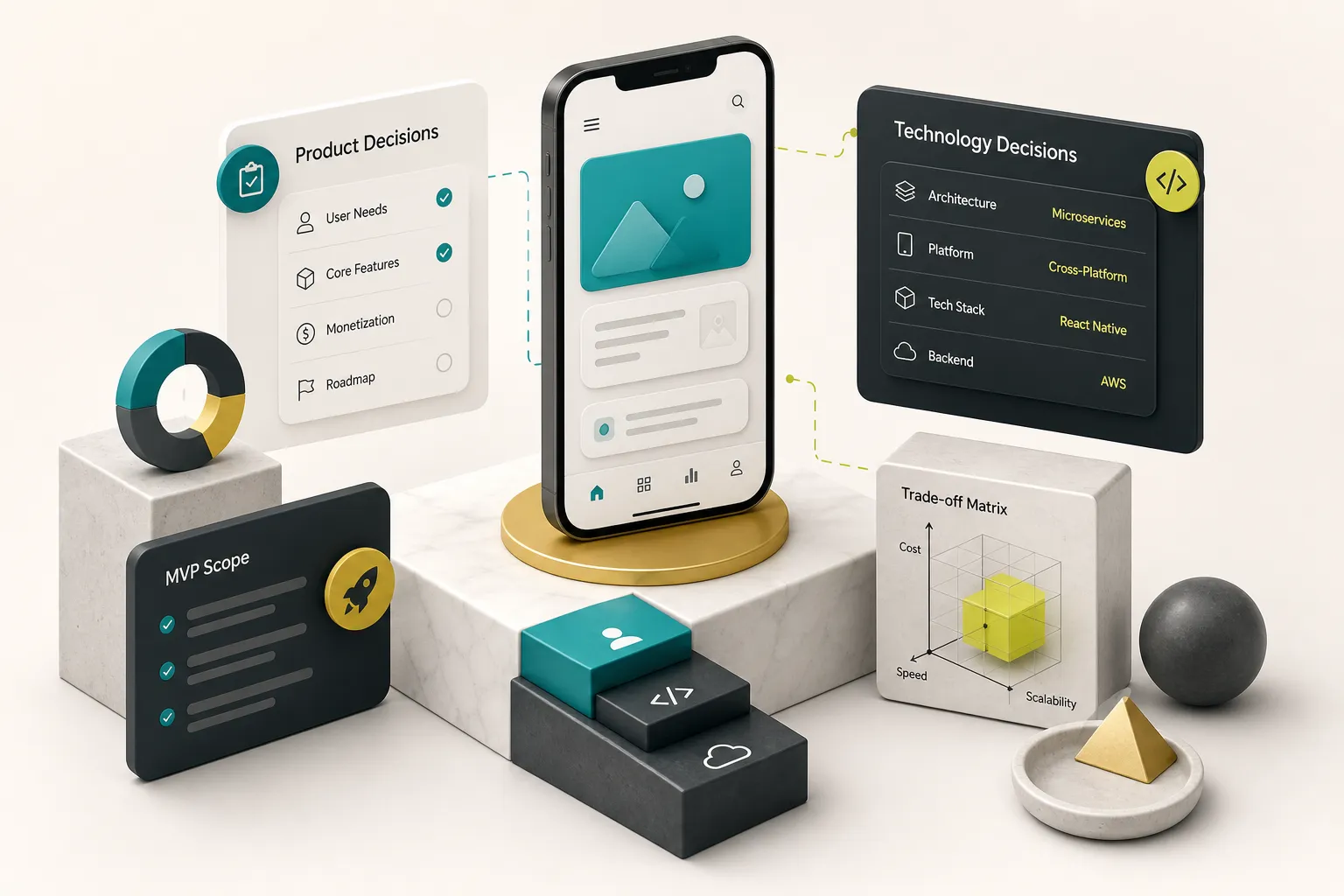 Fejlesztő csapat mobilalkalmazás fejlesztés technológiai és termékdöntéseit tervezi digitális eszközökön