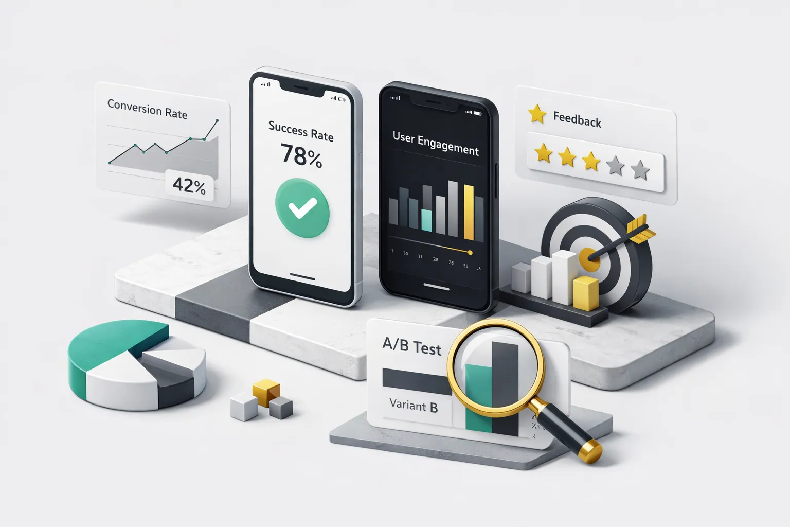 Split-screen showing mobile app analytics dashboard alongside polished UI screens measuring design performance metrics