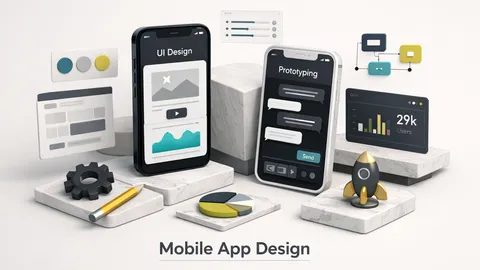 Clean wireframes and UI mockups displayed on a smartphone screen representing a mobile app design service workflow