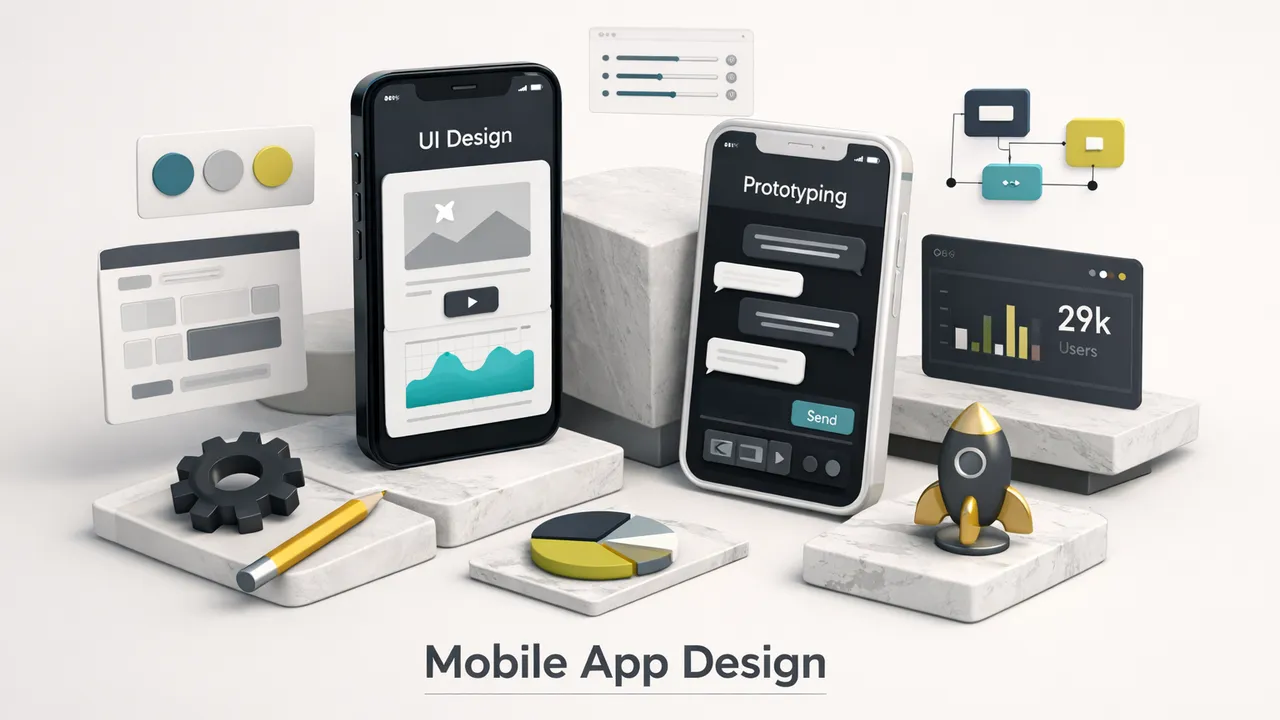 Clean wireframes and UI mockups displayed on a smartphone screen representing a mobile app design service workflow