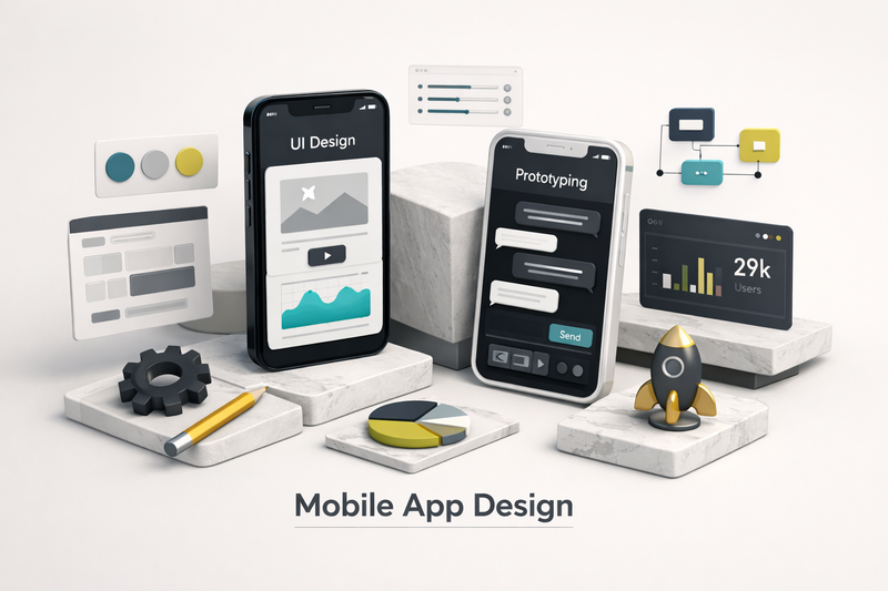 Clean wireframes and UI mockups displayed on a smartphone screen representing a mobile app design service workflow