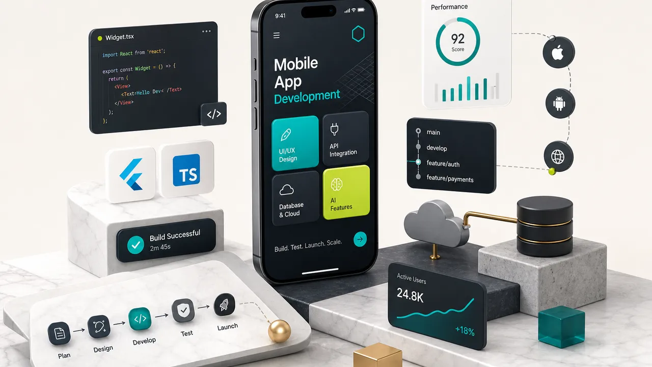 Developer designing mobile app development apps on smartphone and laptop screens