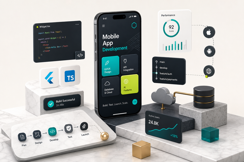 Developer designing mobile app development apps on smartphone and laptop screens
