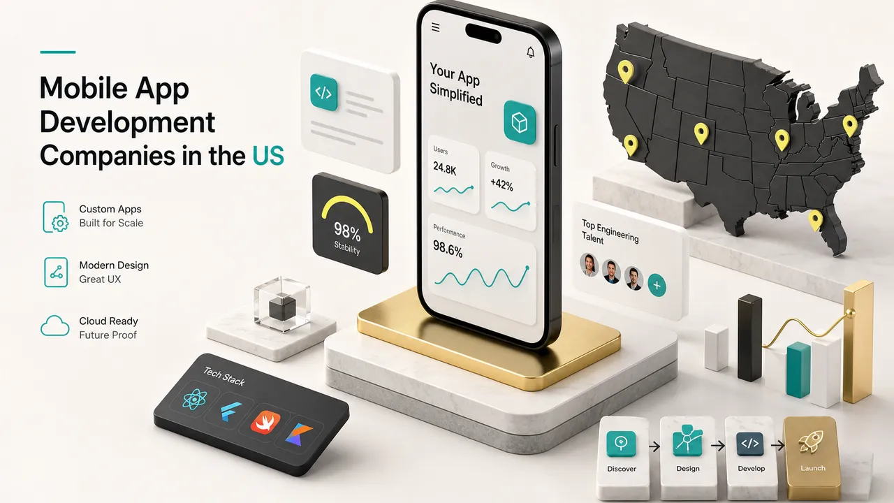 Top mobile app development companies in the US collaborating on a project in a modern office
