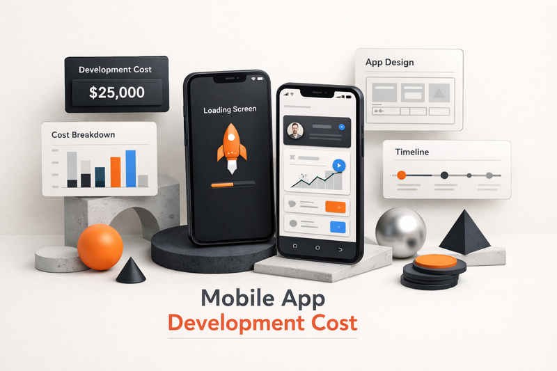 Developer working on mobile app wireframes with laptop and smartphone, illustrating mobile app development cost planning