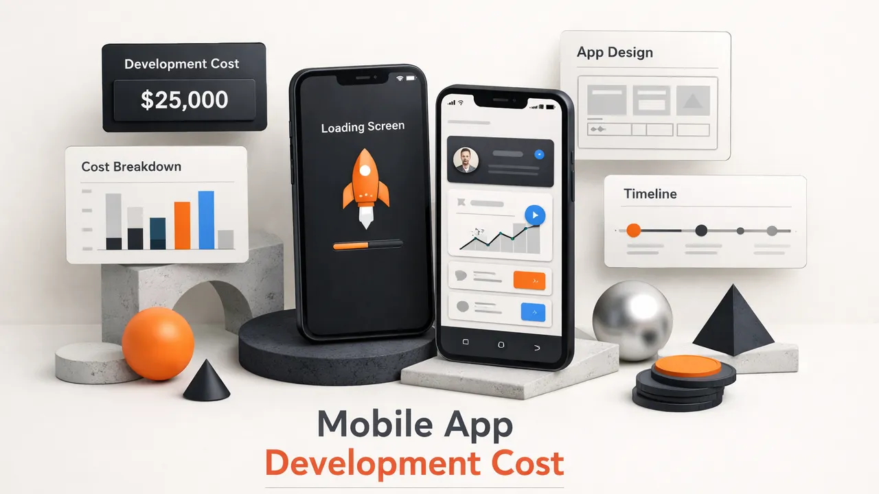 Developer working on mobile app wireframes with laptop and smartphone, illustrating mobile app development cost planning