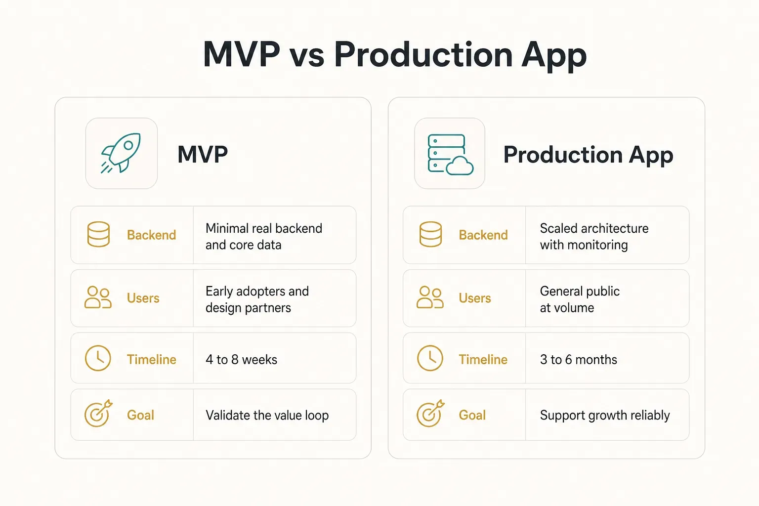 Comparison table, MVP vs Production App. Backend, MVP: Minimal real backend and core data; Production App: Scaled…