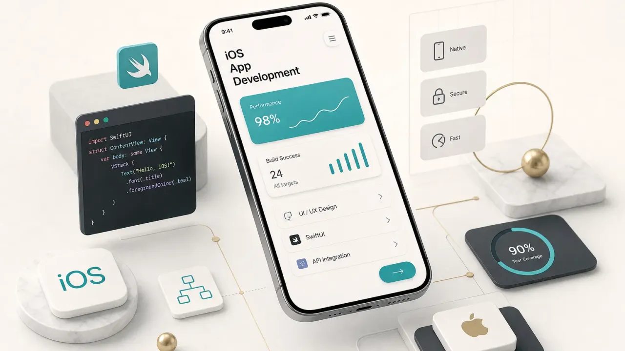Developer coding an iOS app on a laptop and iPhone during mobile app development
