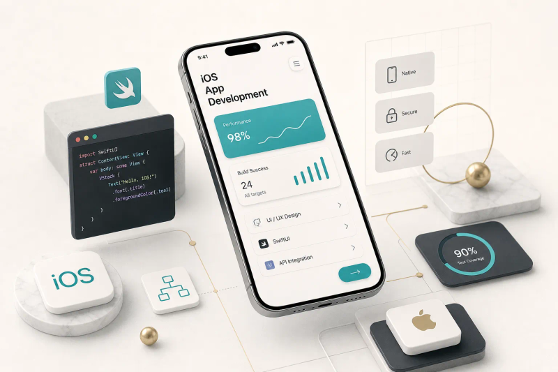 Developer coding an iOS app on a laptop and iPhone during mobile app development