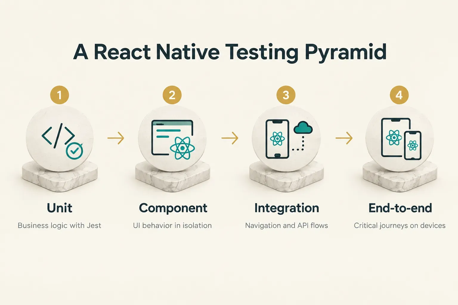 Step-by-step diagram, A React Native Testing Pyramid. 1. Unit, Business logic with Jest; 2. Component, UI behavior in…