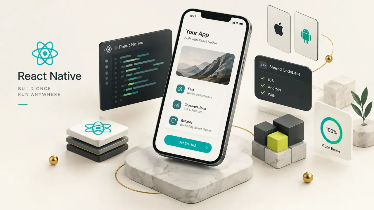 Developer building a cross-platform app using React Native for mobile app development on laptop and smartphone screens