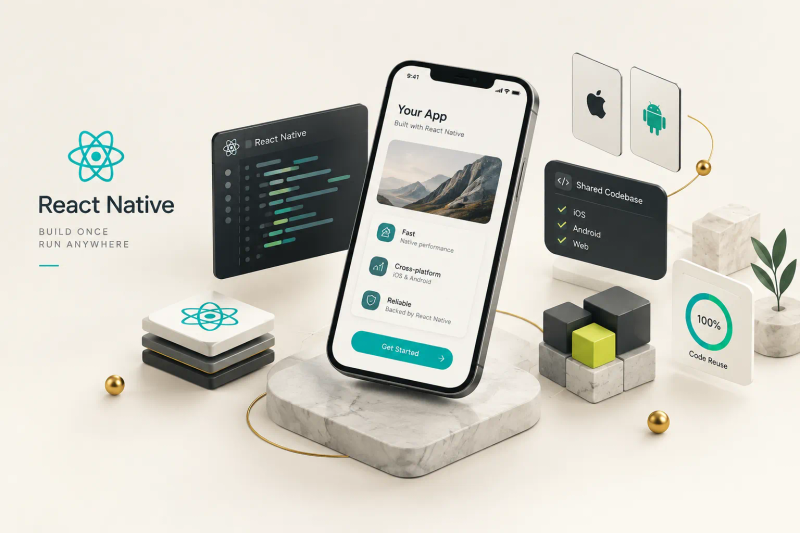 Developer building a cross-platform app using React Native for mobile app development on laptop and smartphone screens