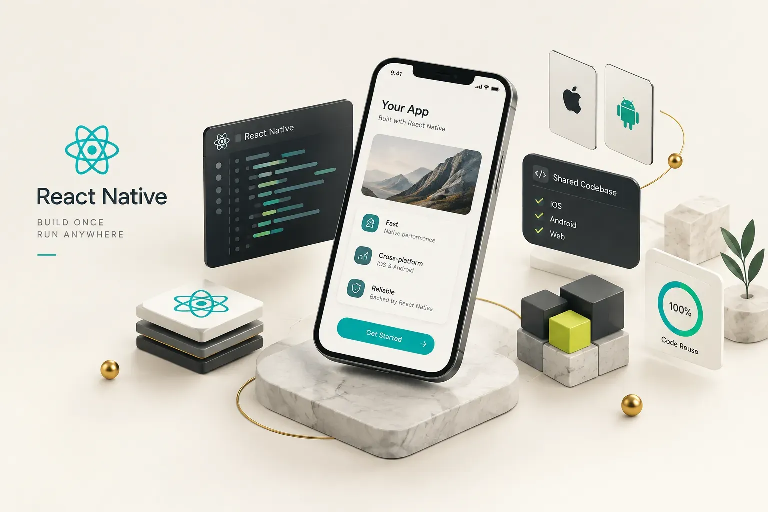 Developer building a cross-platform app using React Native for mobile app development on laptop and smartphone screens