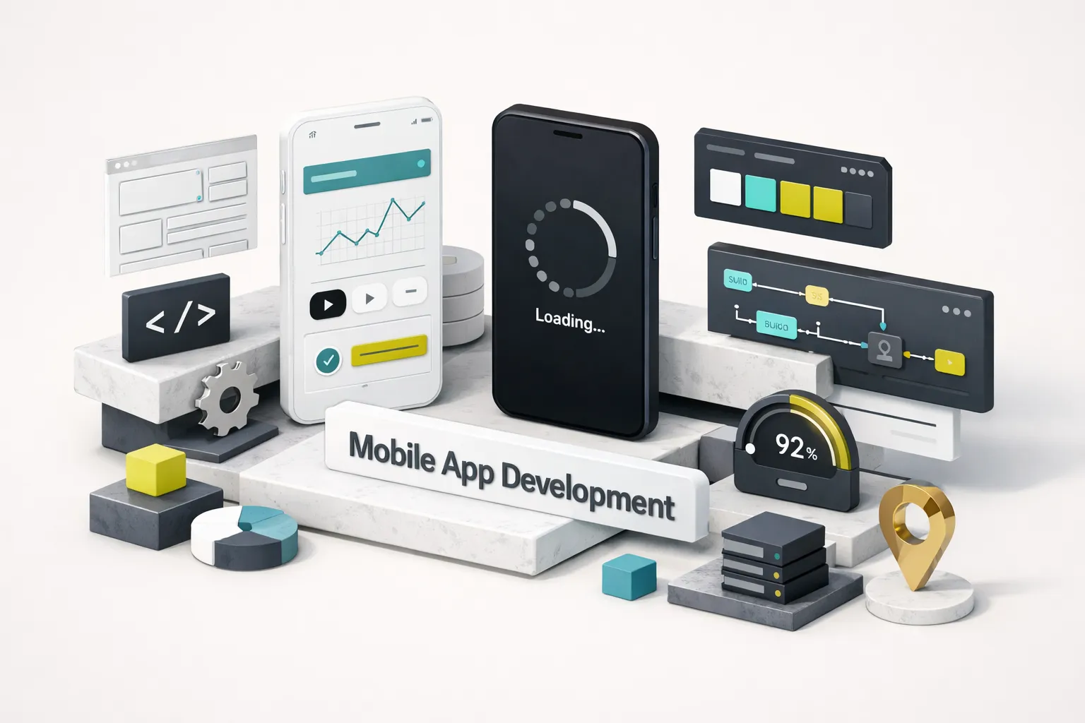 Developers collaborating on mobile app development services using laptops and smartphones in a modern workspace