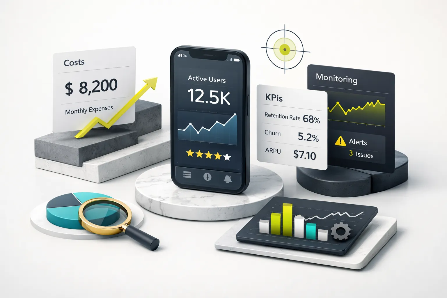 Developer monitoring mobile app analytics dashboard showing KPIs and performance metrics for mobile app development services