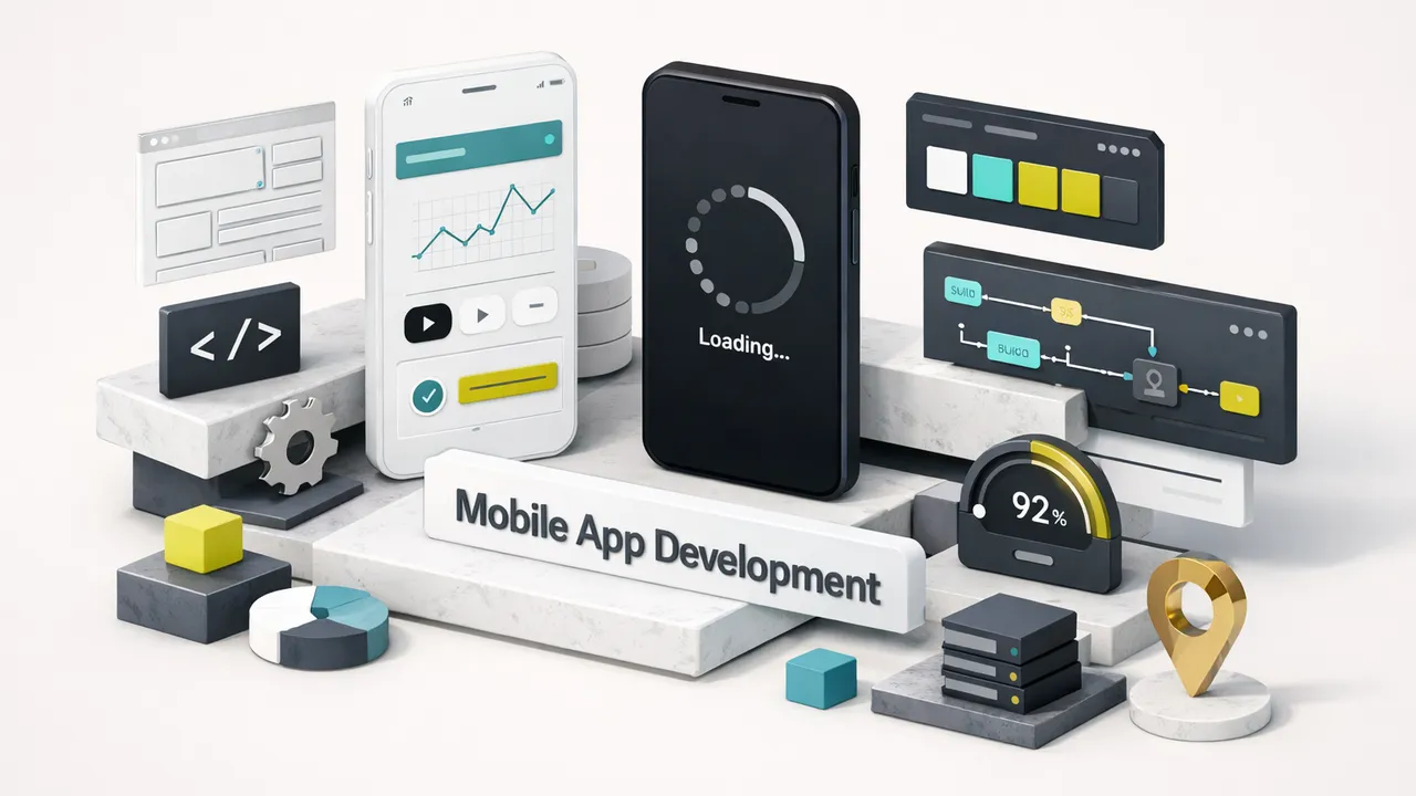 Developers collaborating on mobile app development services using laptops and smartphones in a modern office