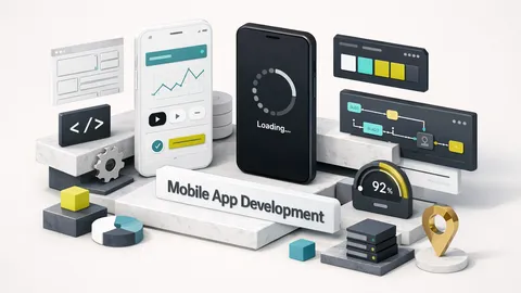 Developers collaborating on mobile app development services using laptops and smartphones in a modern office