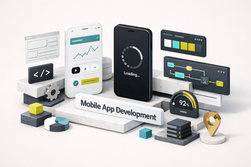 Developers collaborating on mobile app development services using laptops and smartphones in a modern office