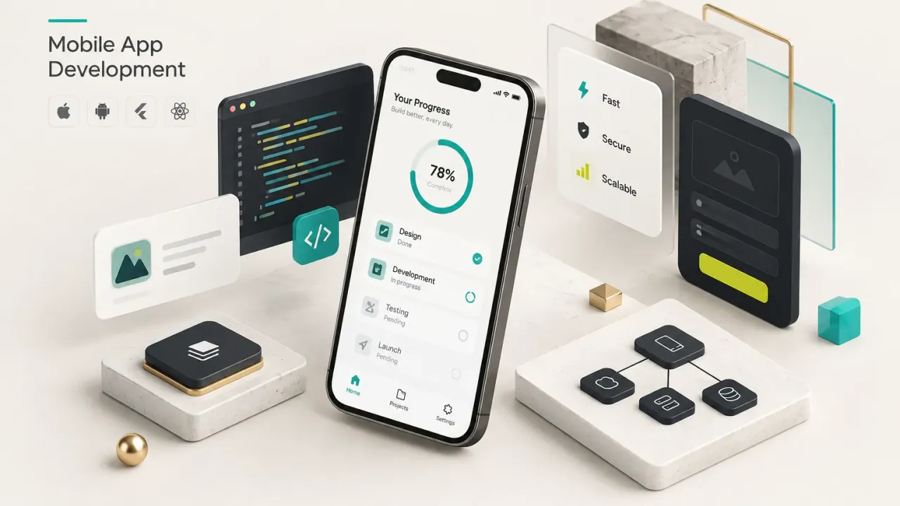 Developer using a mobile app development tool to build and test an app interface on a smartphone
