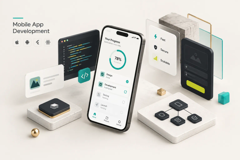 Developer using a mobile app development tool to build and test an app interface on a smartphone