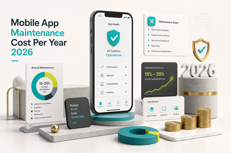 Mobile app maintenance cost per year 2026 breakdown chart showing key budget factors and pricing trends