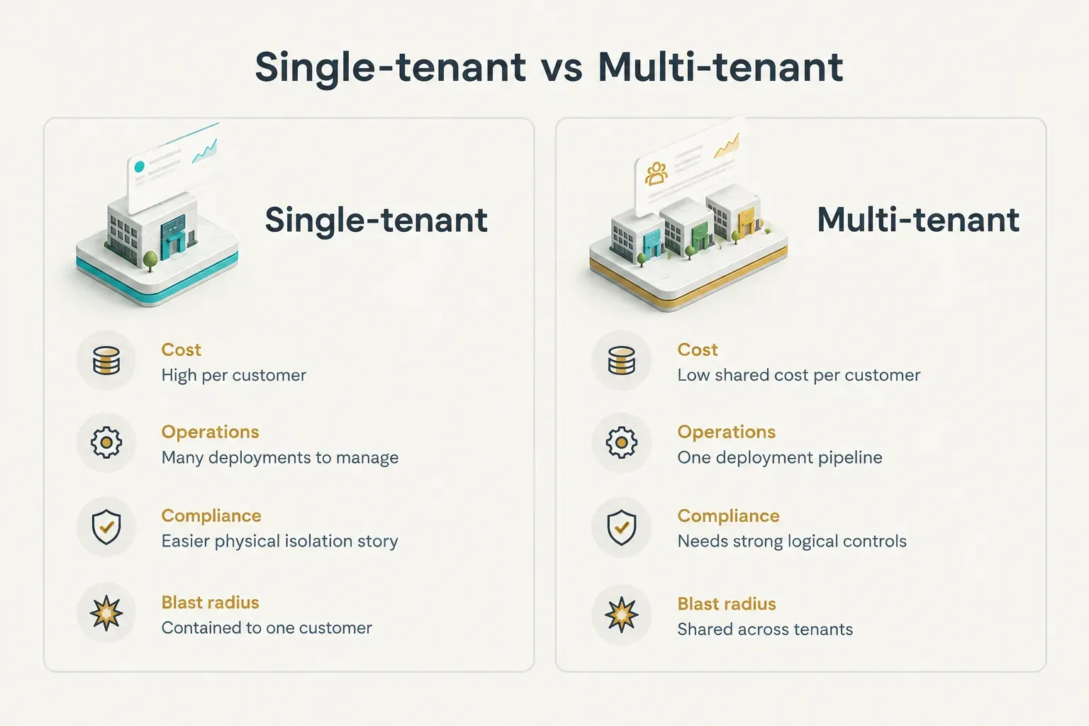 Comparison table, Single-tenant vs Multi-tenant. Cost, Single-tenant: High per customer; Multi-tenant: Low shared cost per…