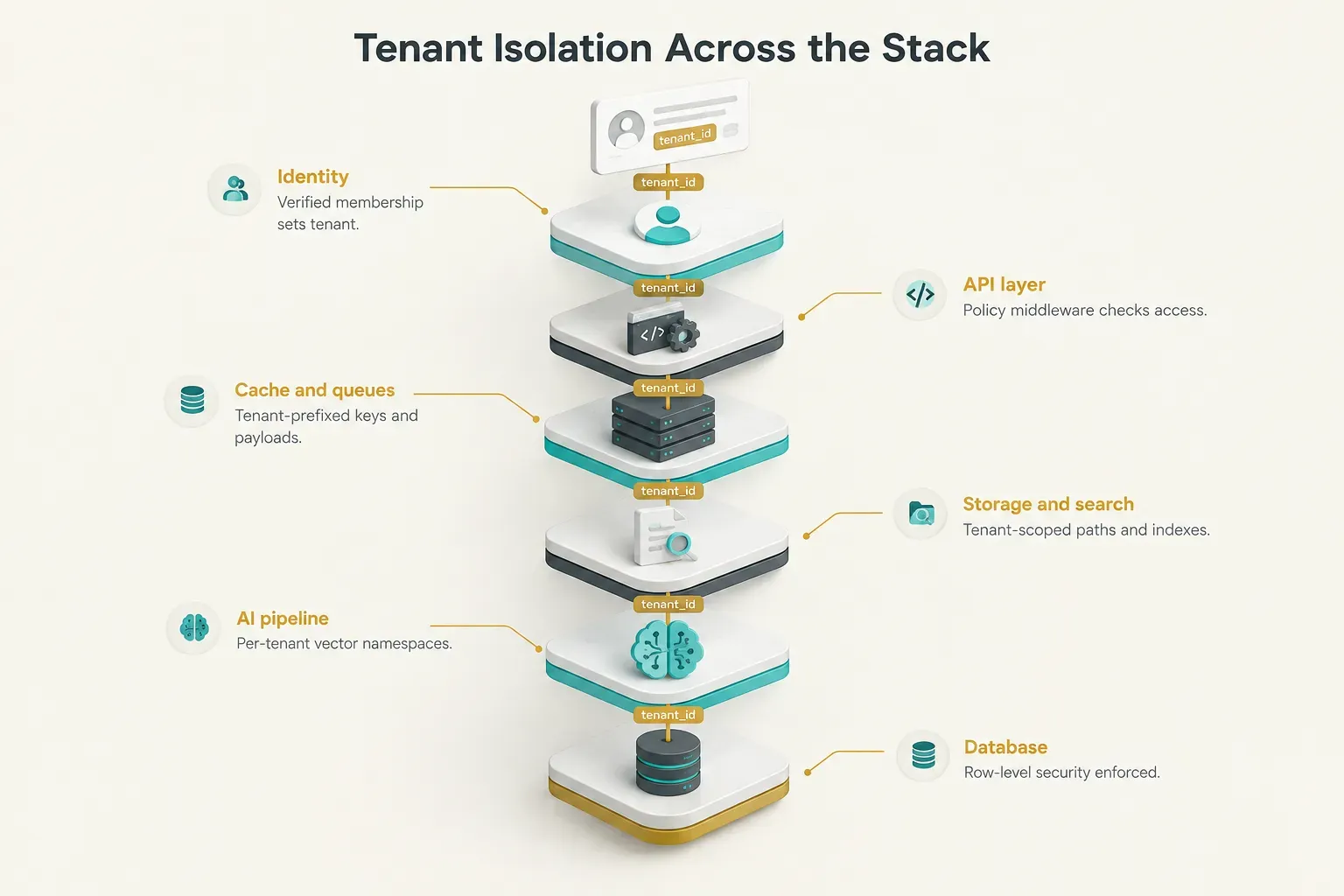 Diagram, Tenant Isolation Across the Stack. Identity, Verified membership sets tenant; API layer, Policy middleware…