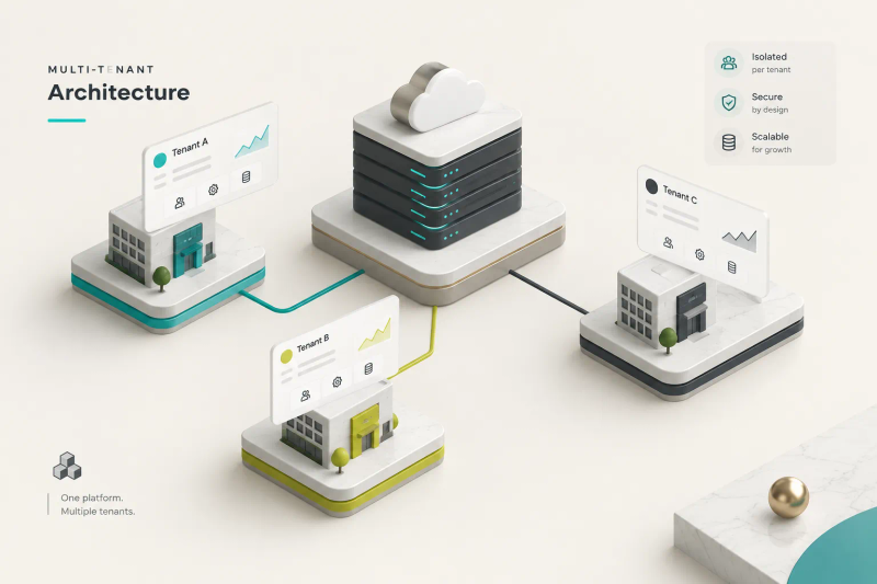 Diagram illustrating multi tenant architecture with shared infrastructure serving multiple isolated customer environments