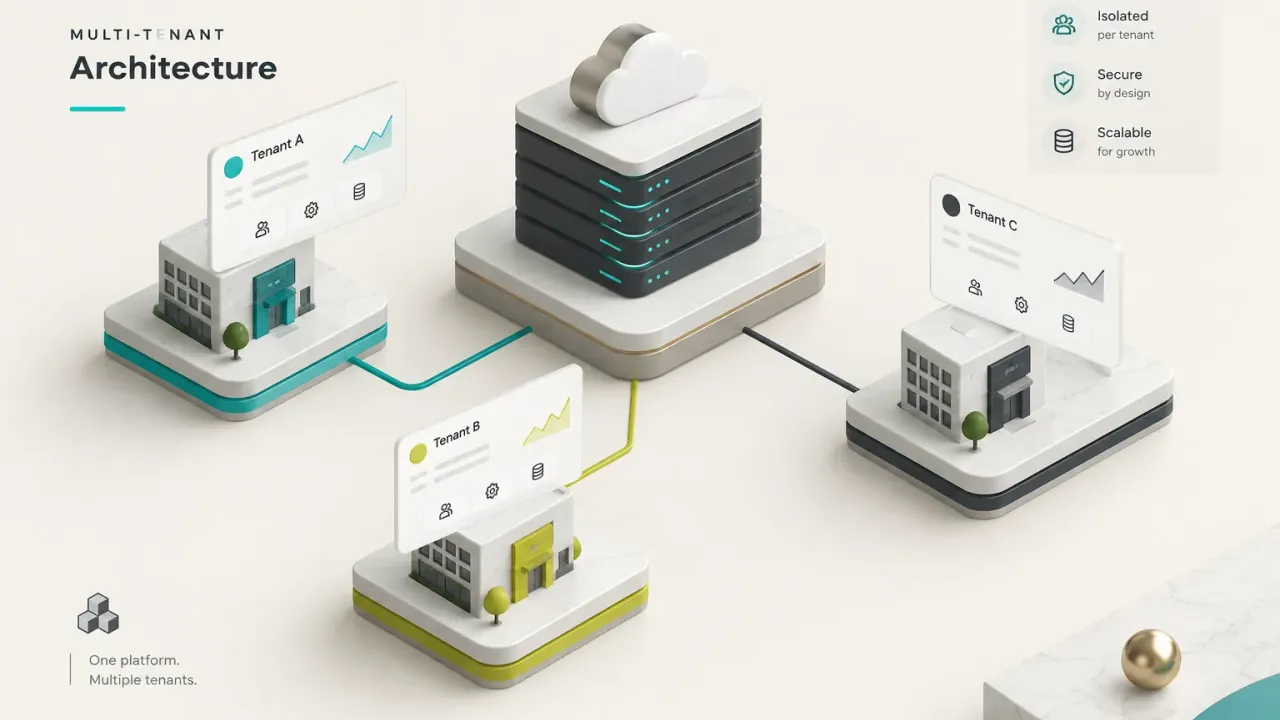 Diagram illustrating multi tenant architecture with shared infrastructure serving multiple isolated customer environments