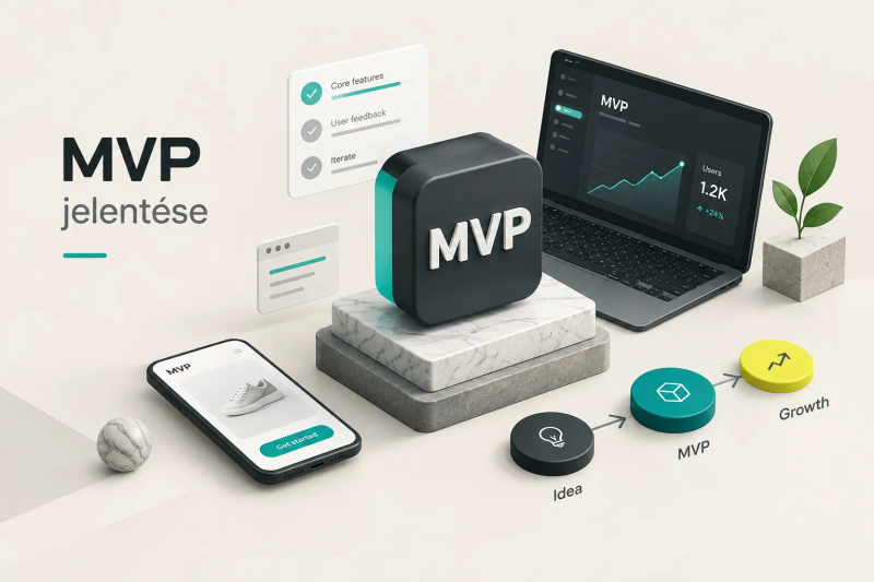 Diagram magyarázza az MVP jelentése fogalmát, bemutatva a minimum életképes termék fejlesztési lépéseit