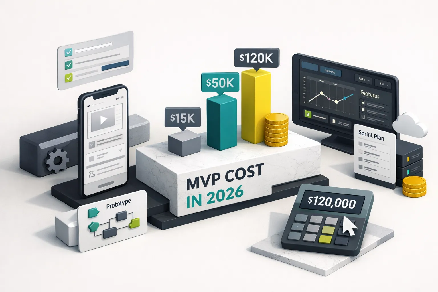 Team reviewing MVP software development cost breakdown on laptop with charts and budget figures displayed