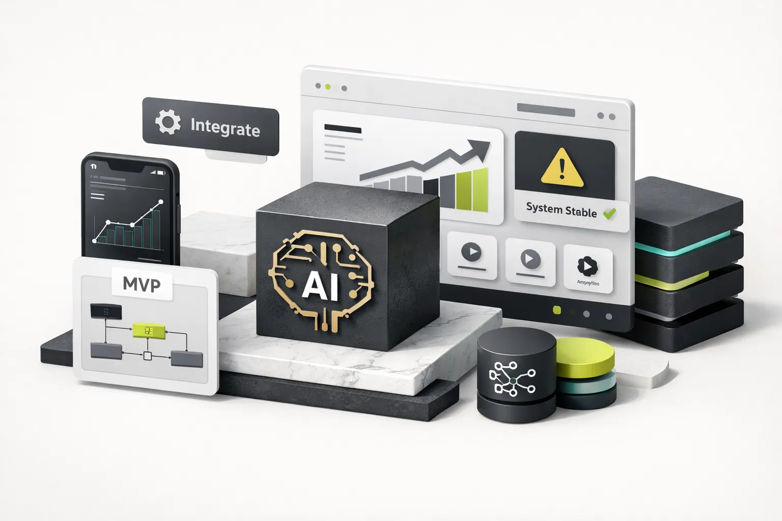 Developers integrating AI features into MVP software architecture on laptops in a modern tech workspace