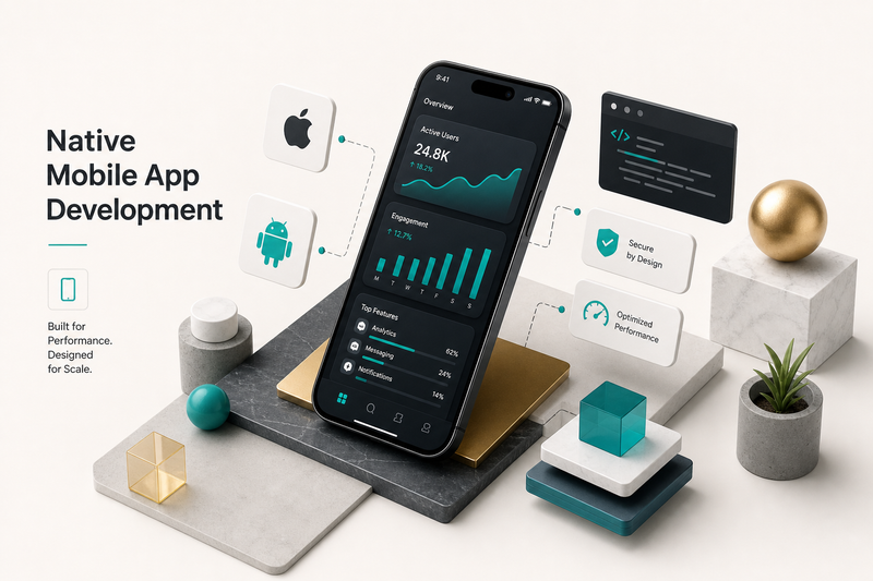 Developer coding a native mobile app development project on a smartphone and laptop screen