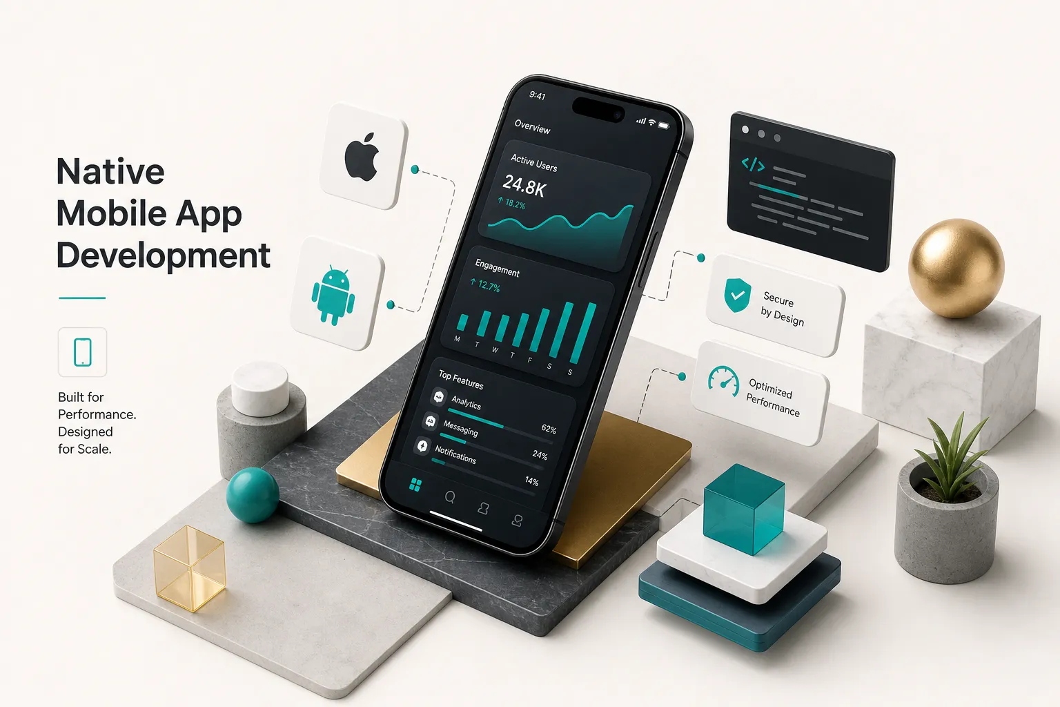 Developer coding a native mobile app development project on a smartphone and laptop screen