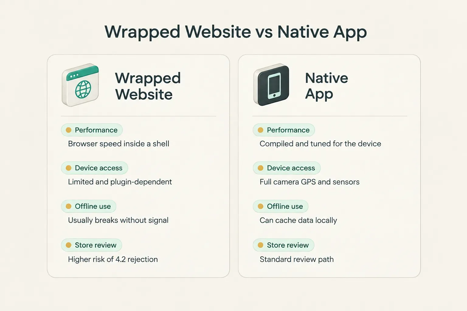 Comparison table, Wrapped Website vs Native App. Performance, Wrapped Website: Browser speed inside a shell; Native App:…