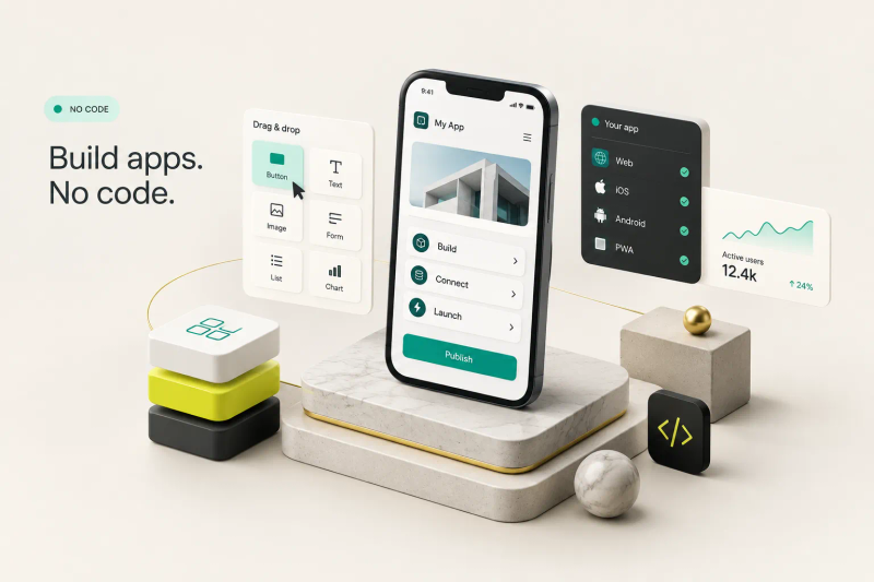 Dashboard interface showcasing no code app development platforms with drag-and-drop design tools