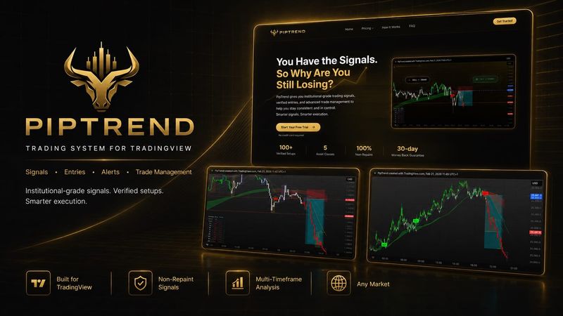 PipTrend cover with the gold bull logo above the line Trading System for TradingView, the marketing site headlined You Have the Signals. So Why Are You Still Losing?, and three TradingView charts showing entry and exit zones