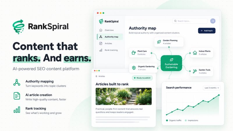 Illustrated RankSpiral cover with the spiral logo, the headline Content that ranks and earns, the line AI-powered SEO content platform, three feature points for authority mapping, AI article creation, and rank tracking, and stylised app panels showing an authority map, an article ready to publish, and a rising search performance chart