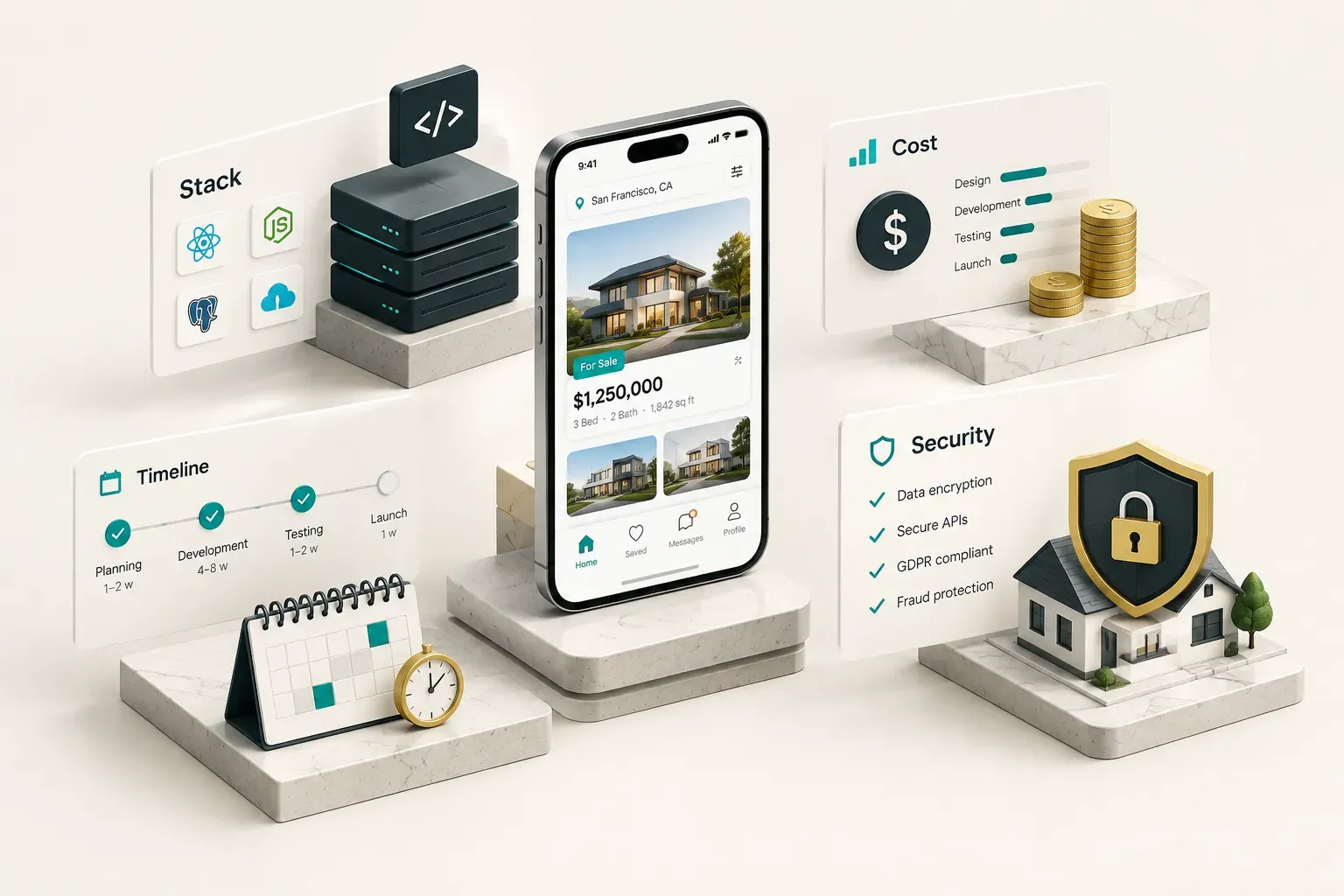 Real estate app development stack, cost, timeline, and security overview with icons representing each project phase