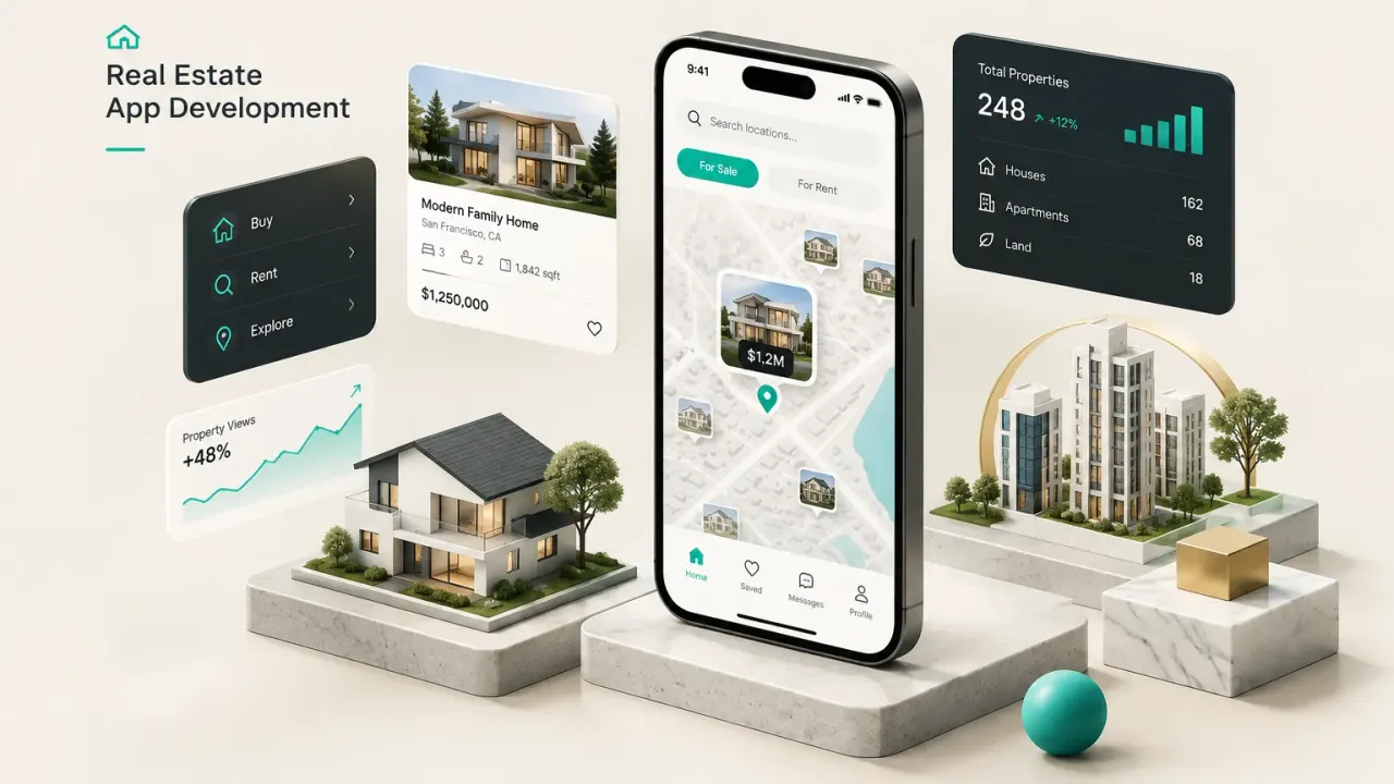 Real estate app development team designing property search features on mobile and tablet screens