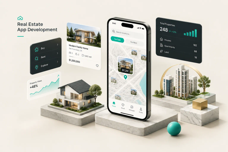 Real estate app development team designing property search features on mobile and tablet screens