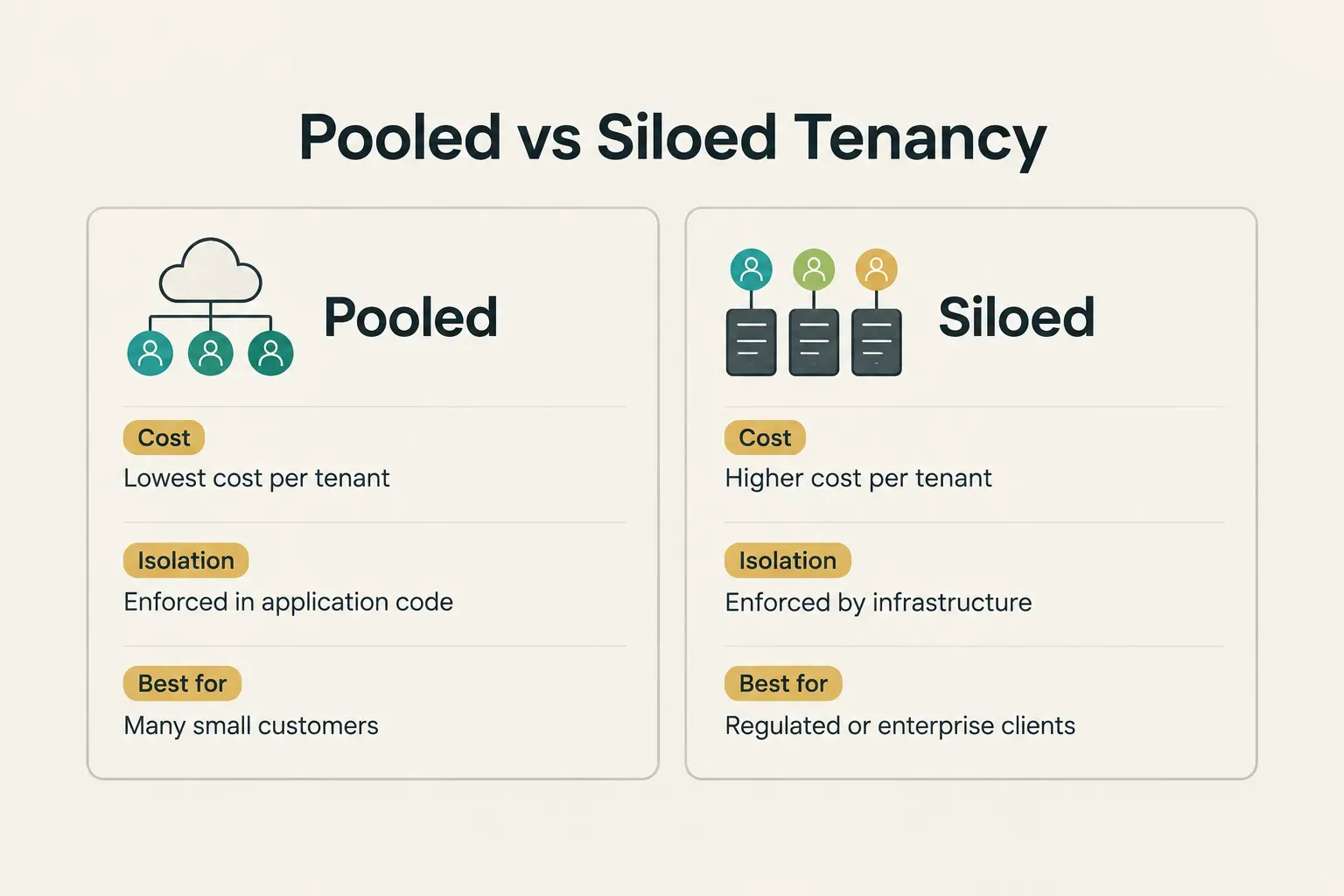 Comparison table, Pooled vs Siloed Tenancy. Cost, Pooled: Lowest cost per tenant; Siloed: Higher cost per tenant…