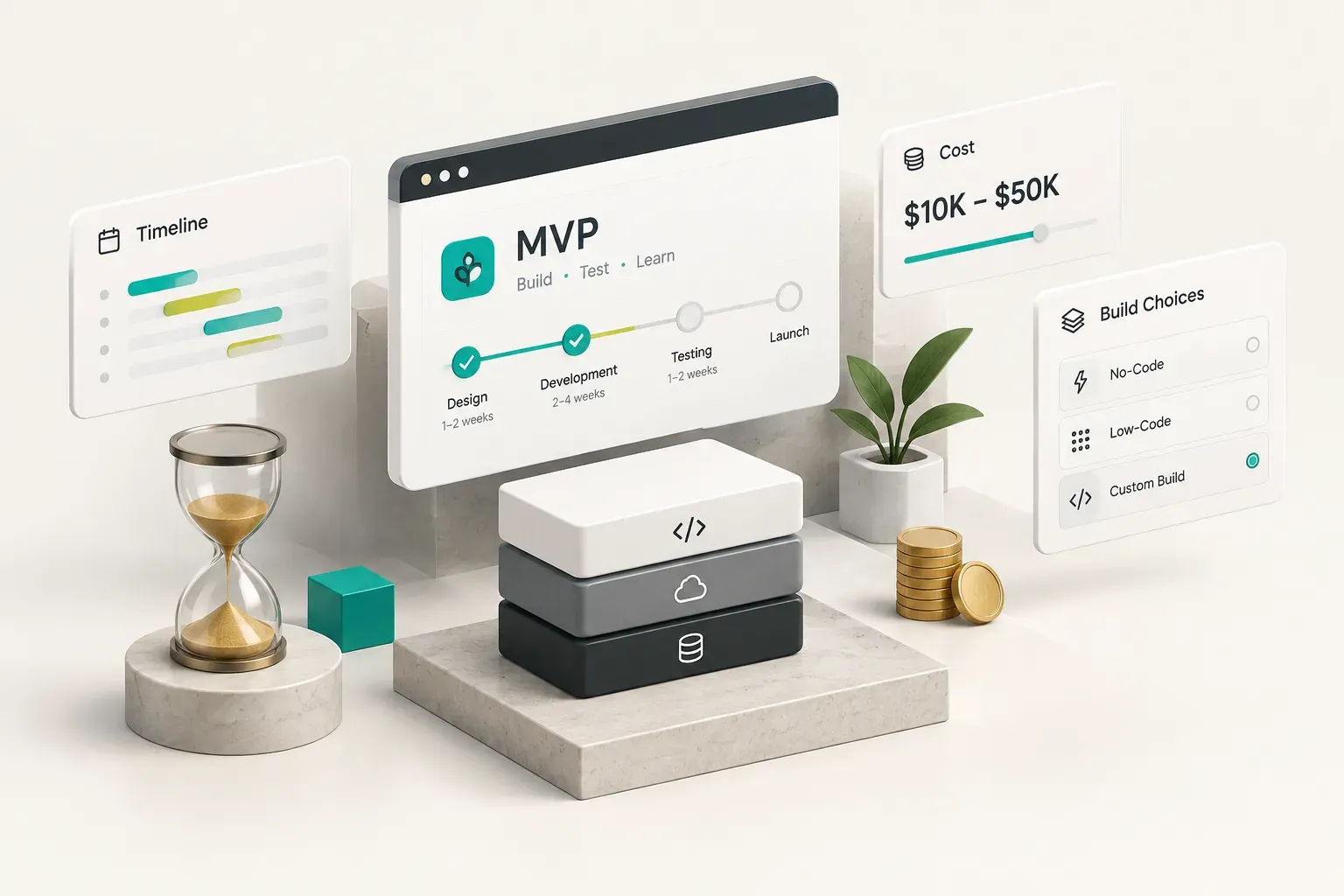 SaaS MVP development timeline and cost comparison chart showing build options from no-code to custom engineering