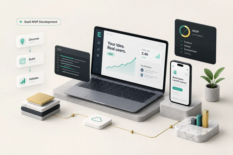 Developer building a SaaS MVP using agile sprints and cloud-based tools on a laptop dashboard