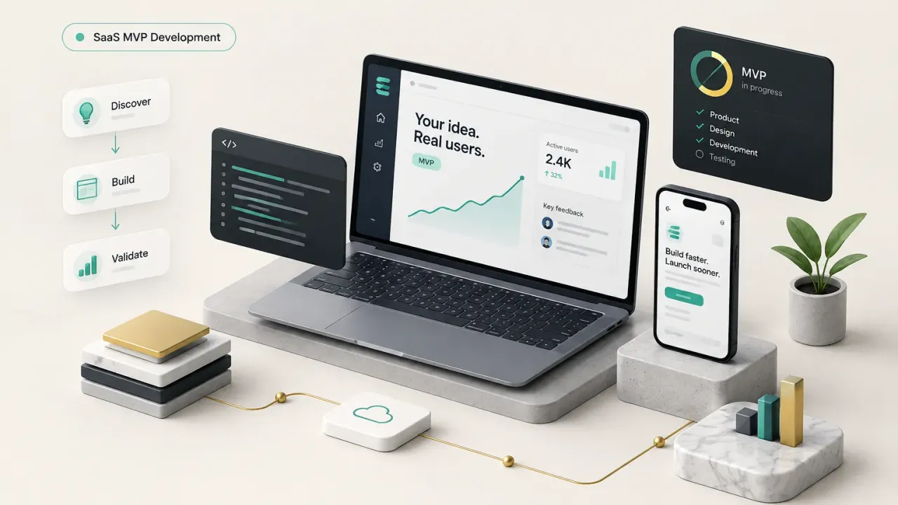 Developer building a SaaS MVP using agile sprints and cloud-based tools on a laptop dashboard