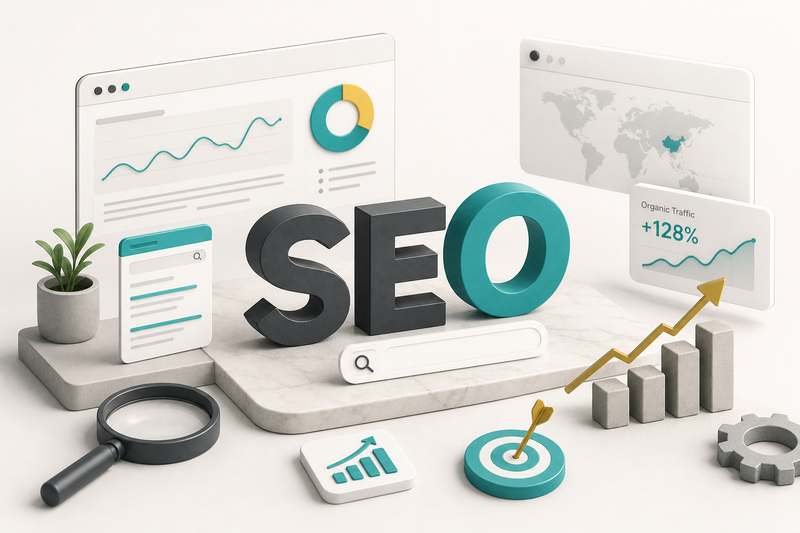 SEO jelentése: keresőoptimalizálás folyamatát bemutató ábra kulcsszavakkal és rangsorolási tényezőkkel