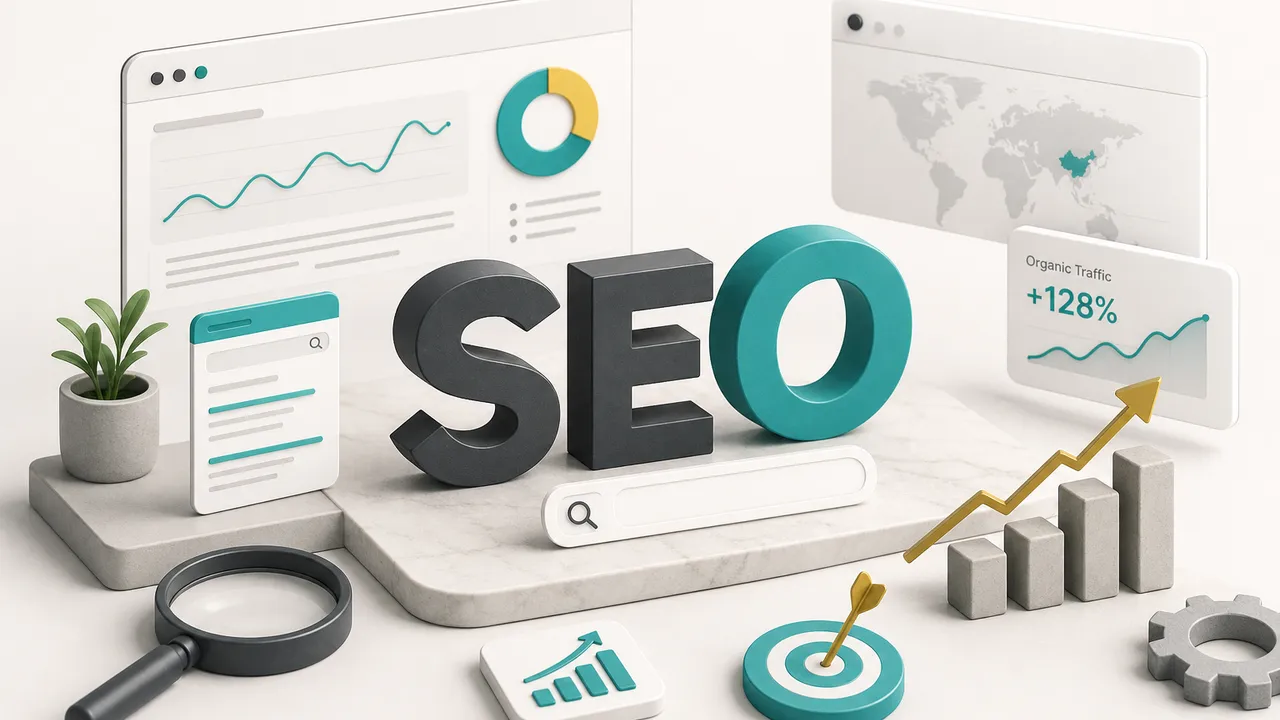 SEO jelentése: keresőoptimalizálás folyamatát bemutató ábra kulcsszavakkal és rangsorolási tényezőkkel