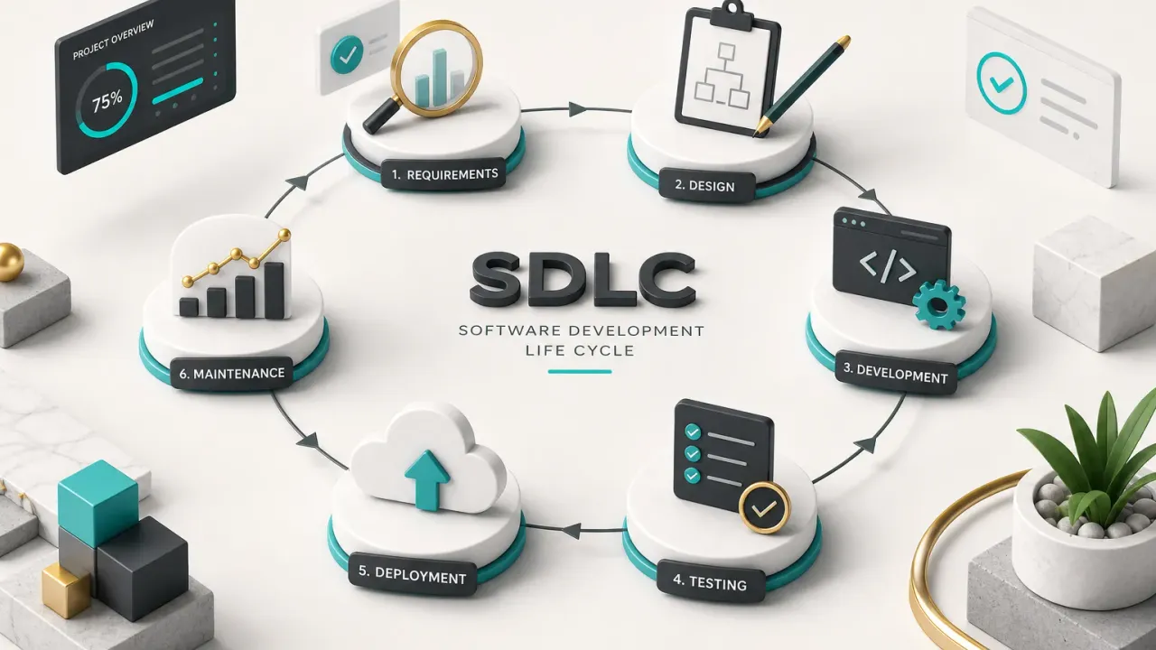 Diagram illustrating the stages of the software development life cycle from planning to deployment and maintenance